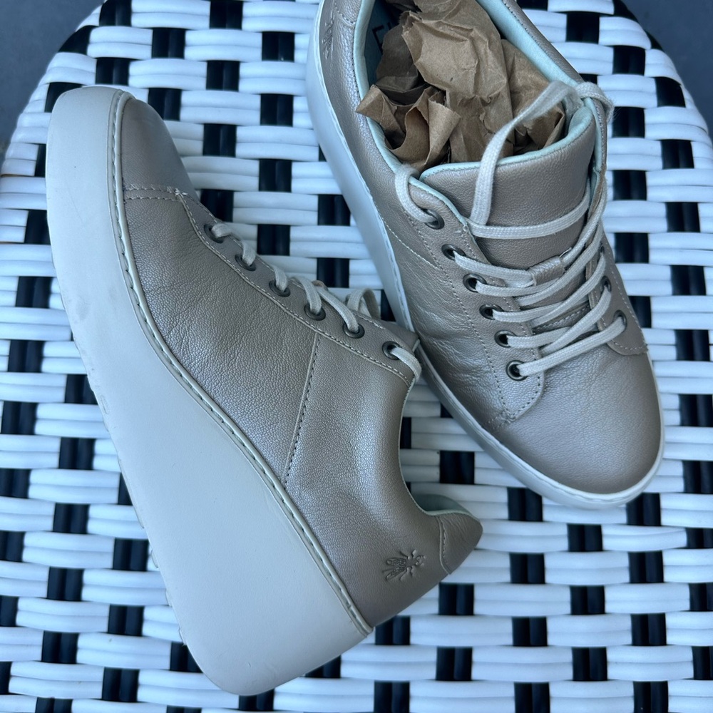 Fly London Leather Platform Sneakers – Metallic Taupe (worn once!)